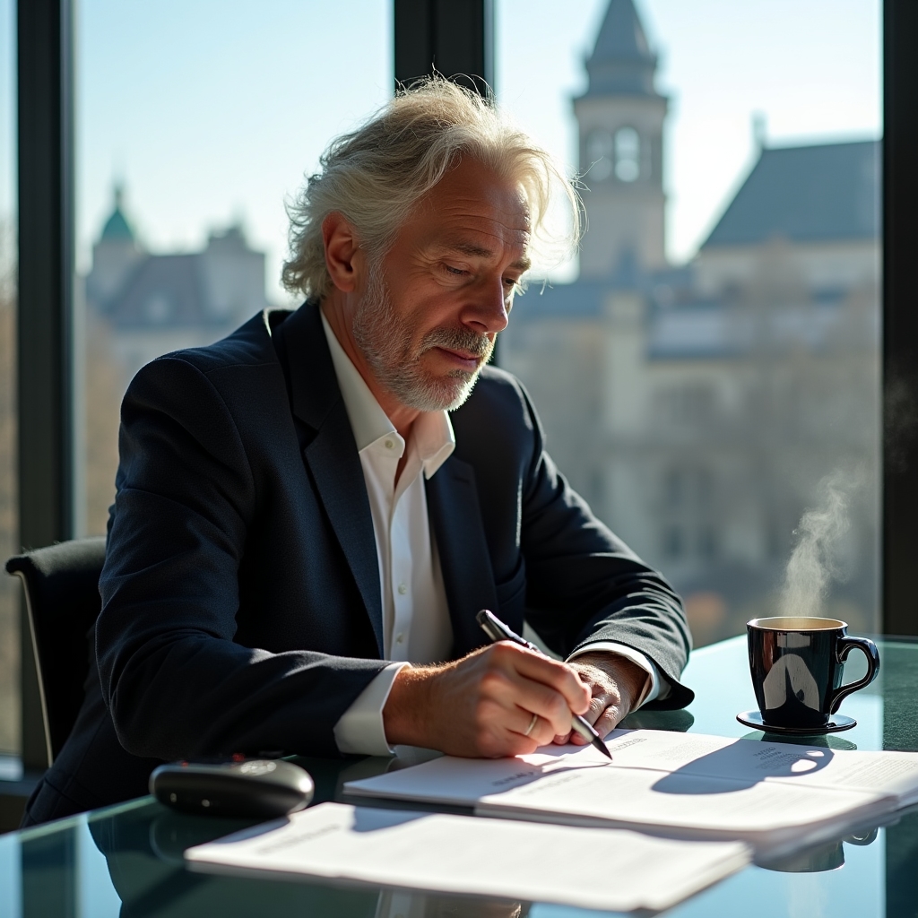 Redaktionsarbeitsplatz mit Notizen und Aufzeichnungsgerät in modernem Büro