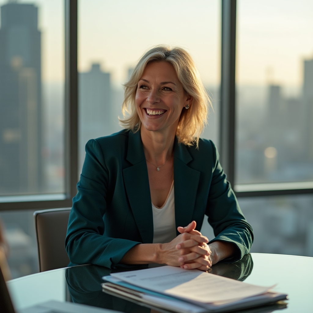 Finanzexpertin im Interview, lächelnd, mit Unterlagen vor sich