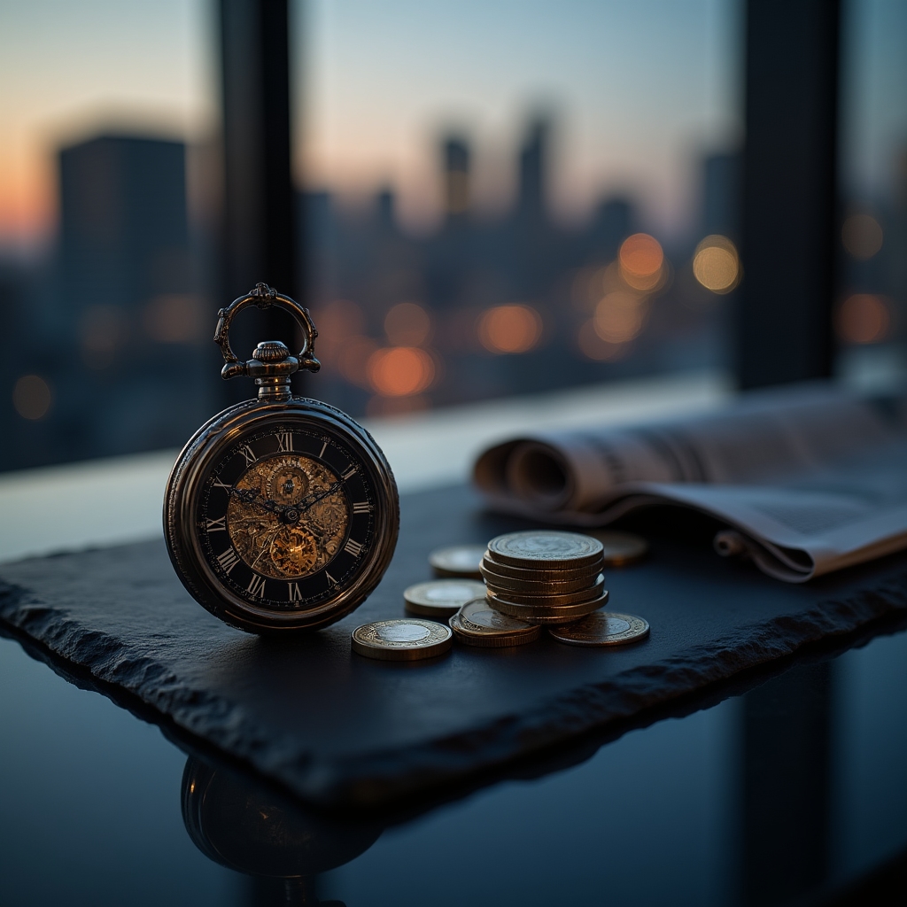 Uhr neben Münzstapeln symbolisiert die Verbindung von Zeit und Geld